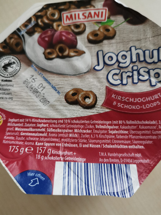 Milsani, Joghurt Crisp, Kirschjoghurt mit Schoko-Loops Kalorien - Neue ...