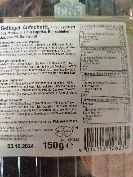 Geflügel-Aufschnitt 4-fach sortiert, Sorte Bierschinken von Fred | Hochgeladen von: Freddy Bier