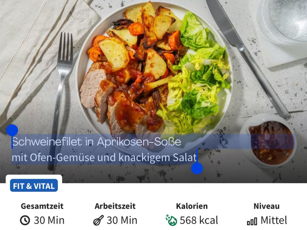 Schweinefilet in Aprikosen-Soße mit Ofen-Gemüse und knackigem Sa | Hochgeladen von: gitte0203