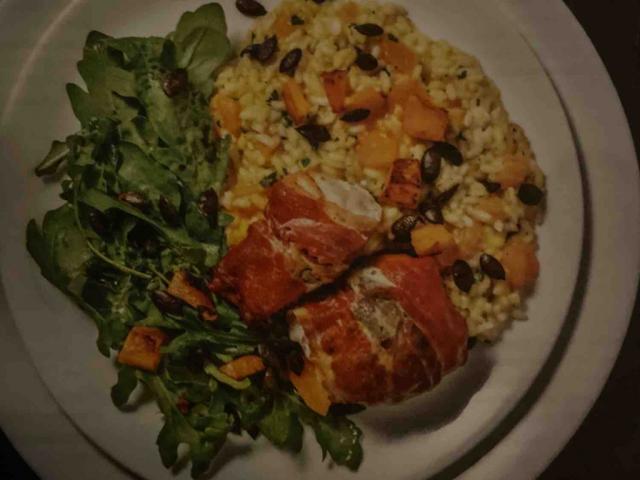 Saltimbocca mit Kürbisrisotto, Hähnchen im Prosciutto-Salbei-Man | Hochgeladen von: maik2hockey