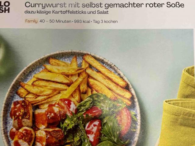 Currywurst mit selbst gemachter roter Sauce, dazu käsige Kartoff | Hochgeladen von: Zahni