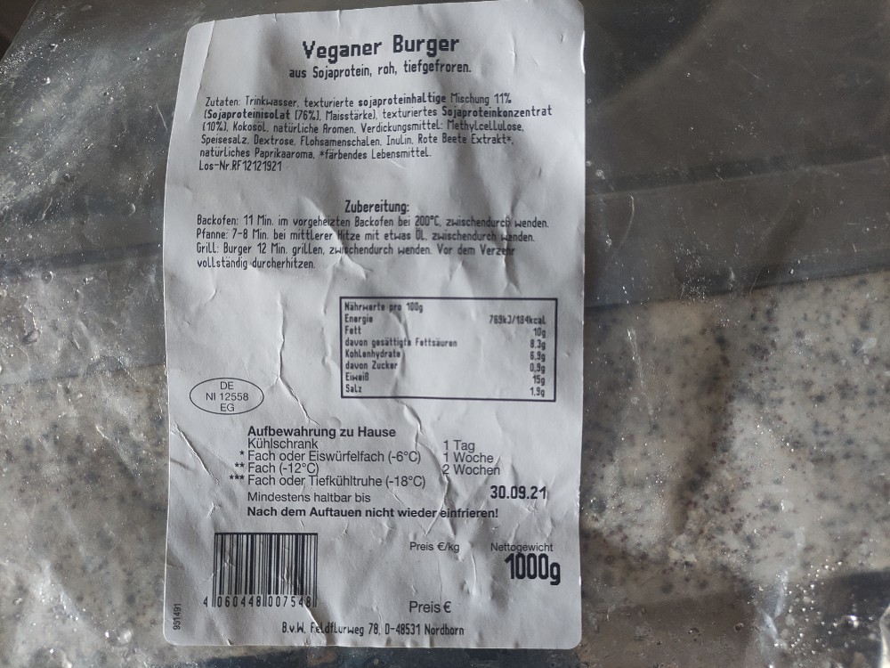 Veganer Burger, aus Sojaprotein, tiefgefroren von chrisklue | Hochgeladen von: chrisklue