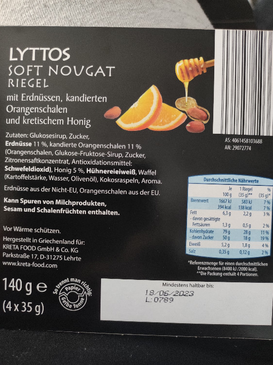 Lyttos Soft Nougat Riegel, mit Erdnüssen, kandierten Orangenscha | Hochgeladen von: jessicaterrorzic742