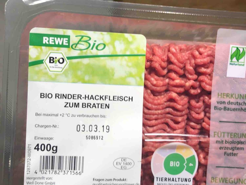 Rewe Bio Bio Rinder Hackfleisch Zum Braten Kalorien Rindfleisch Fddb