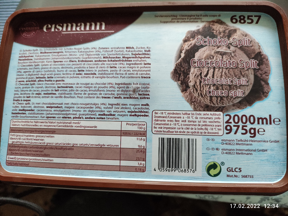 Schoko-Split Eis, Eis-Schokolade mit Schoko-Nugat-Splits (4%) vo | Hochgeladen von: Yischmo