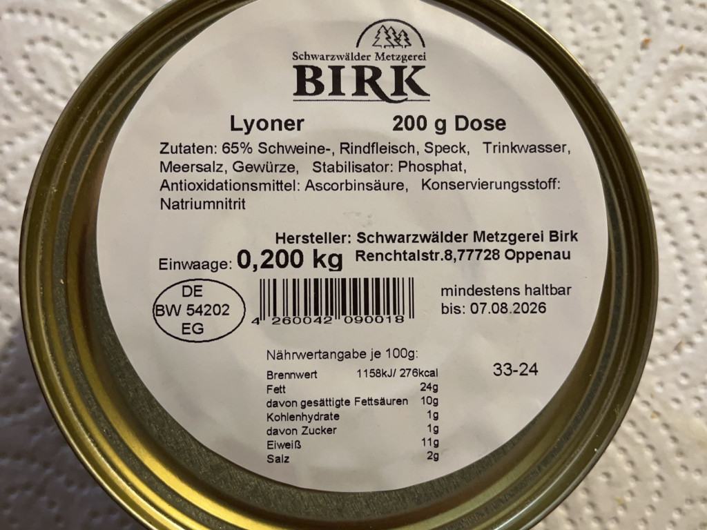 Schwarzwälder Metzgerei Birk Lyoner, 200g Dose von Marc Popp | Hochgeladen von: Marc Popp