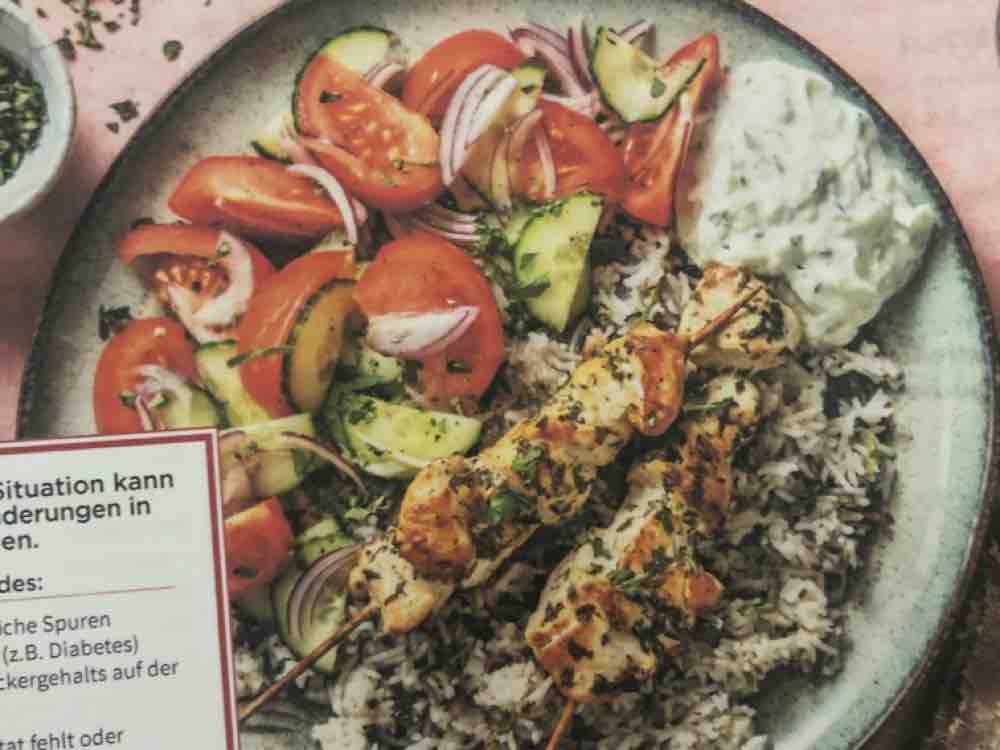 Kalorien Fur Hahnchen Souvlaki Mit Oregano Tzaziki Minz Wildreis Und Griechischer Salat Gerichte Fddb