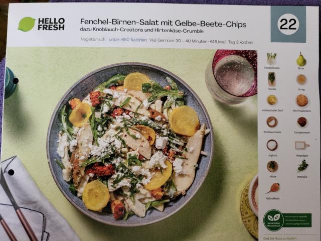 Fenchel-Birnen-Salat mit Gelbe-Beete-Chips, dazu Knoblauch-Croût | Hochgeladen von: Scorpalyzer