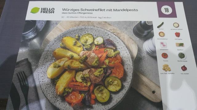 Würziges Schweinefilet mit Mandelpesto, dazu buntes Ofengemüse v | Hochgeladen von: Michael175