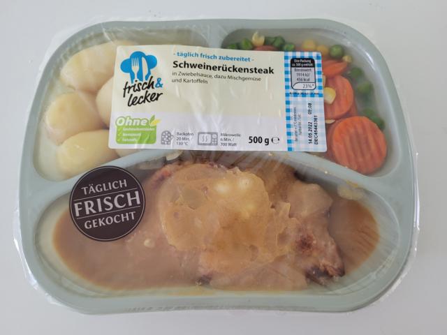 Schweinerückensteak in Zwiebelsauce, dazu Mischgemüse und Ka | Hochgeladen von: jaehzornjaeger