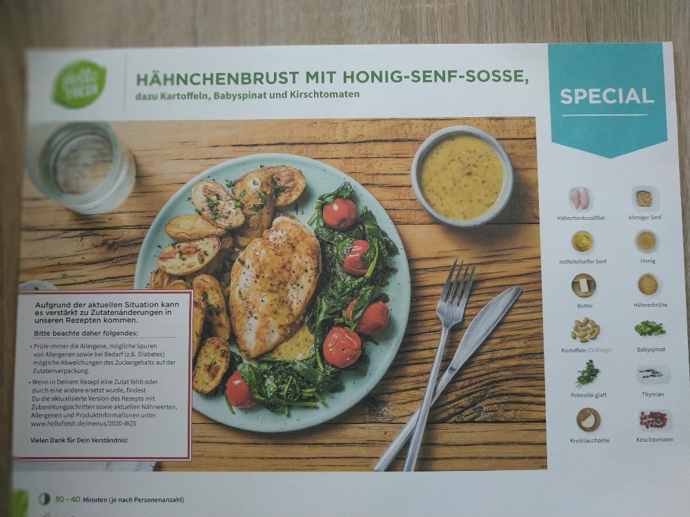 Hähnchenbrust mit Honig-Senf-Sosse, Kartoffeln, Babyspinat und K | Hochgeladen von: Mr. Kev