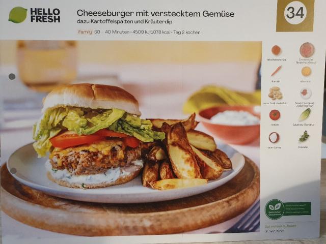 Cheeseburger  mit verstecktem Gemüse, Kartoffelspalten und Dip v | Hochgeladen von: blubbi82