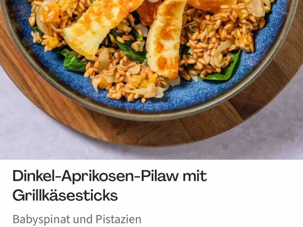 Dinkel-Aprikosen-Pilaw mit Grillkäsesticks, (Babyspinat und Pist | Hochgeladen von: steks