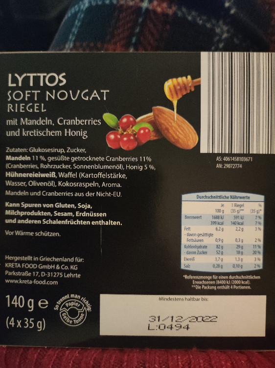 Lyttos Soft Nougat Riegel, Mandeln, Cranberries und kretischem H | Hochgeladen von: jessicaterrorzic742