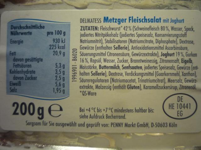Delikatess Metzger Fleischsalat, mit Joghurt - Nährwerttabel | Hochgeladen von: pedro42