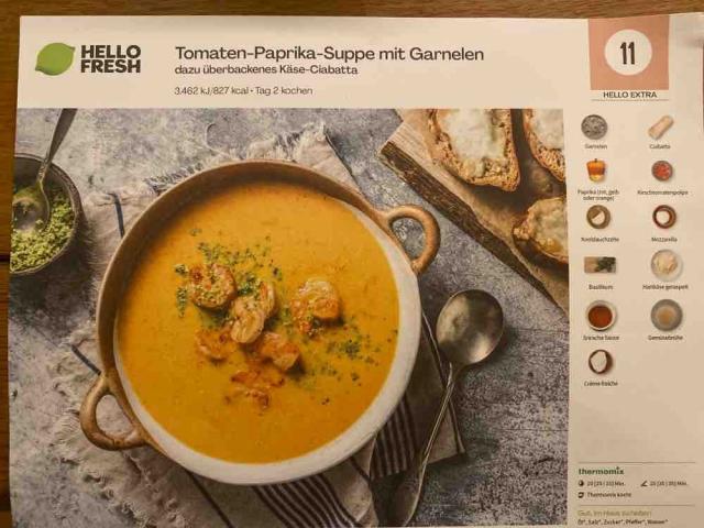 Tomaten-Paprika-Suppe mit Garnelen, dazu überbackenes Käse-Ciaba | Hochgeladen von: Mar1a