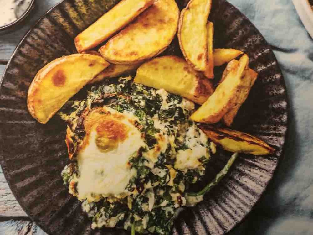 Auflauf mit Hirtenkäse, Spinat und Ei, dazu Kartoffelspalten von | Hochgeladen von: winslove