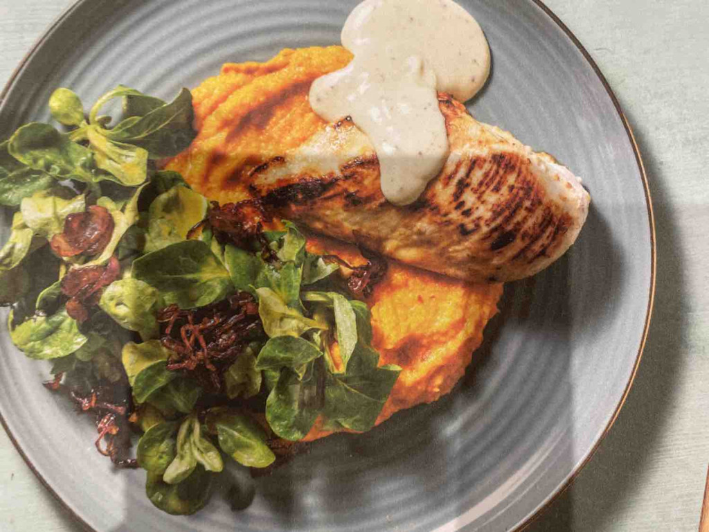 HelloFresh, Honig-Senf-Hähnchen mit Kürbispüree mit Salat Kalorien ...