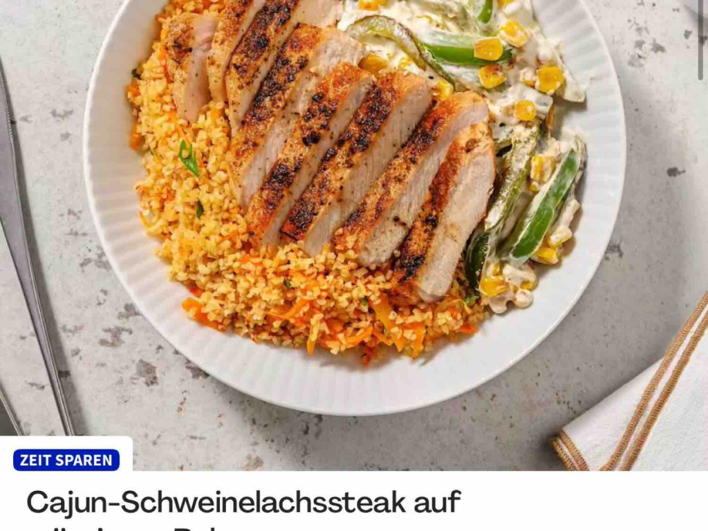 Cajun-Schweinelachssteak auf würzigem Bulgur, dazu Mais-Paprika- | Hochgeladen von: Imminger