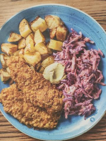 Hähnchenschnitzel mit Currydip, Karottensalat, Kartoffelecken vo | Hochgeladen von: janine-wimmer@gmx.at