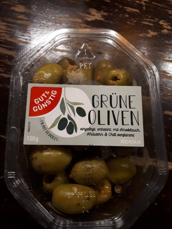 Gut & Günstig Grüne Oliven, eingelegt entsteint mit Knoblauc | Hochgeladen von: lockdog