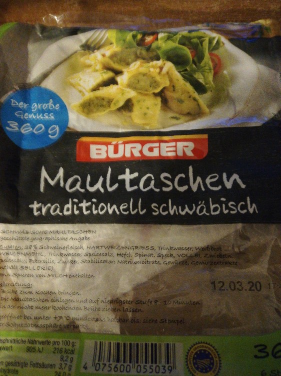 foods traditionell Maultaschen, Bürger, - schwäbisch Fddb Calories - Convenience