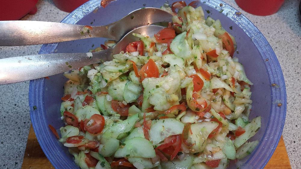 Selbstgemacht, Gurken-, Tomatensalat mit Zwiebel und Lauch, Essig ...