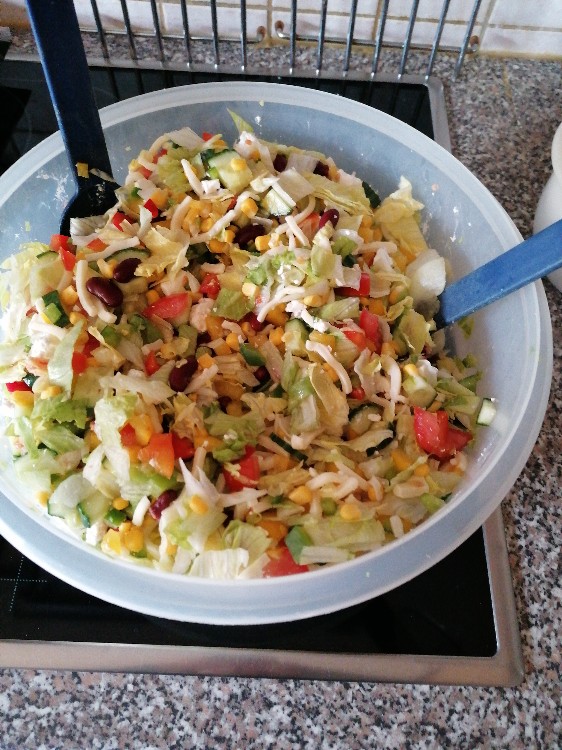 Selbstgemacht, Salat gemischt, Eisbergsalat, Tomate, Gurke, Paprika ...