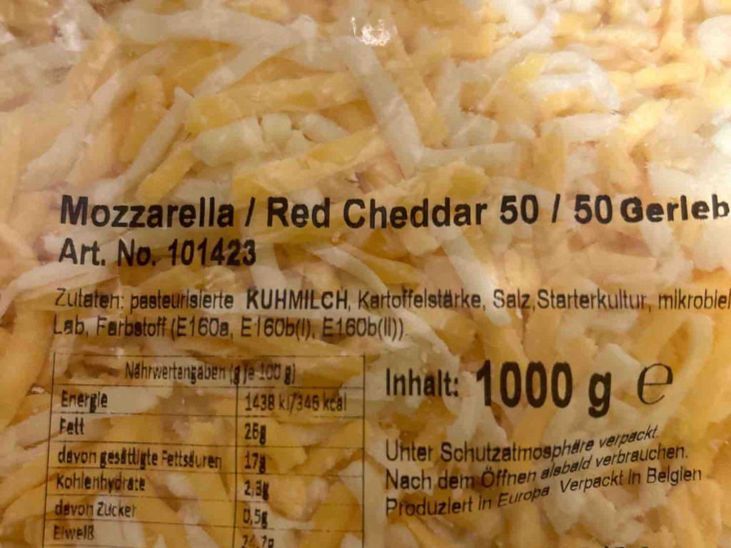 Mozzarella Red Cheddar Mix gerieben, 50 %, Cheddar, 50 % Mozzare | Hochgeladen von: Pete