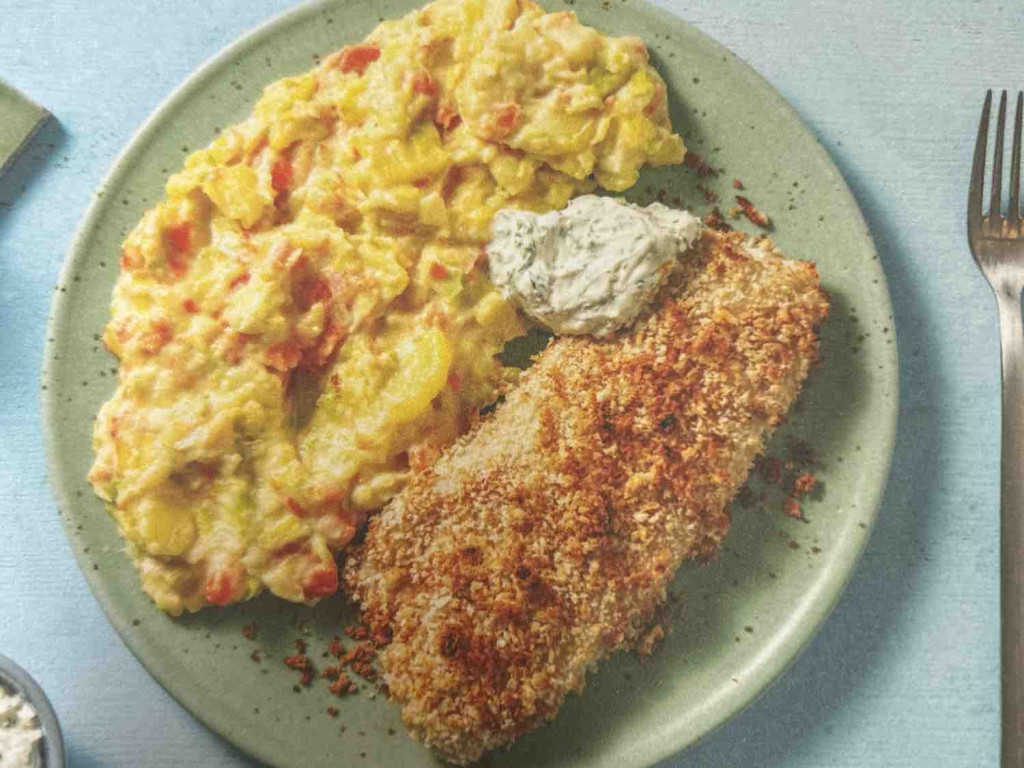 HelloFresh, Backfisch mit buntem Gemüse-Stampf, dazu cremiger Dill-Dipp ...