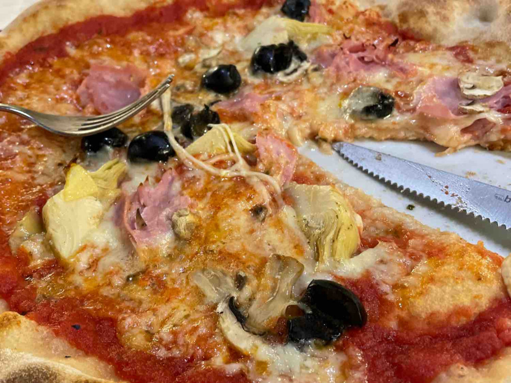 Pizza Capriciosa, mit Schinken, Salami, Zwiebeln, Pilzen und Art | Hochgeladen von: Fitter